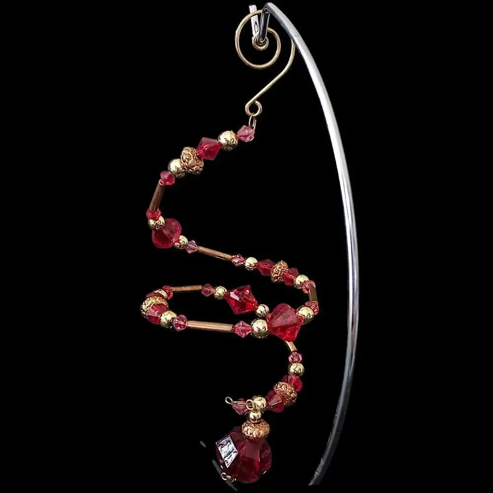 Beaded Memory Wire Ornament Spiral Dangle‎ Twist Sparkly Christmas Red Gold Tone